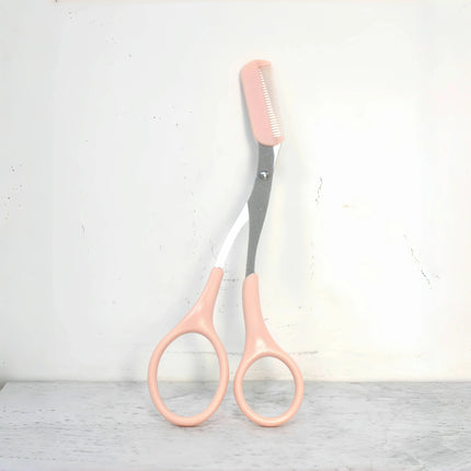 Pink eyebrow trimming scissors with built-in comb - stainless steel,