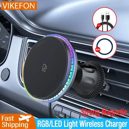 30W Magnetic Car Wireless Chargers RGB LED Light For iPhone 12 13 14