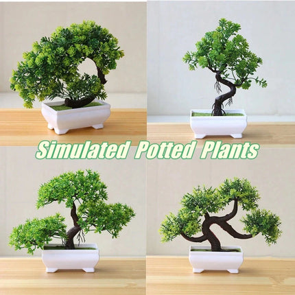 4Pcs Artificial Bonsai Tree, Fake Potted Plants, Small Plastic Green