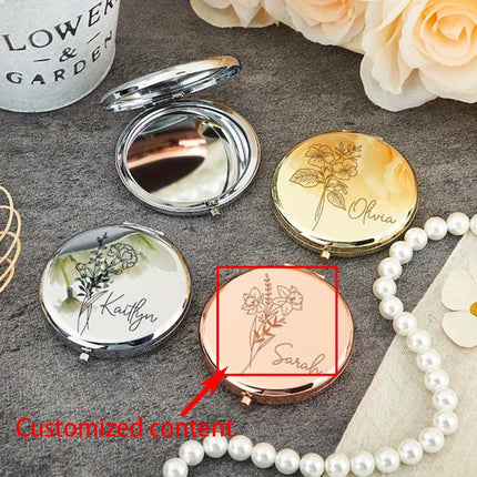 Engraved Compact Mirror with Birth Flower Design Elegant Portable