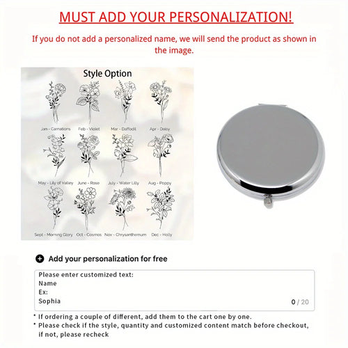 Engraved Compact Mirror with Birth Flower Design Elegant Portable