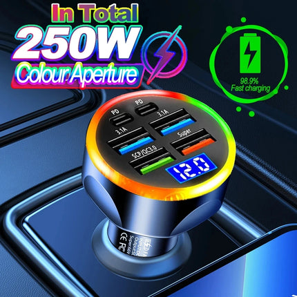 250W Car Charger Quick Charge Cigarette Lighter Adapter 6-Port USB