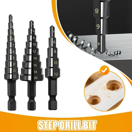 3Pcs HSS Straight Groove Step Drill Bit 3-12mm 4-12mm 4-20mm Nitride