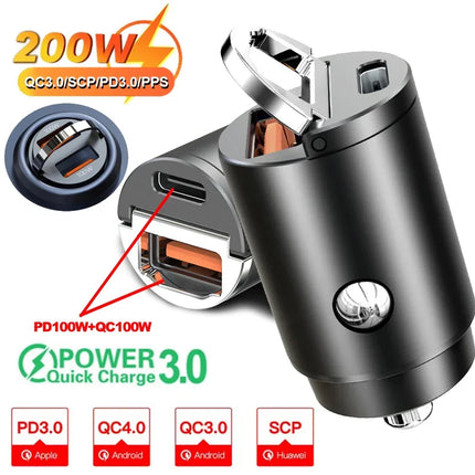 200W USB Car Charger Fast Charging Type C Car Phone Charger Adapter