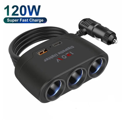 120W Car Charger Cigarette Lighter Adapter Dual USB PD Car Charger