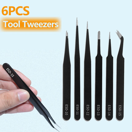 6pcs Precision Tweezers Set ESD Anti-Static Stainless Steel Tweezers