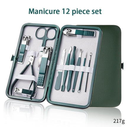 Green Manicure Set With Leather Case Professional Foot And Face Care