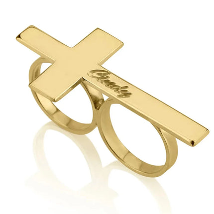 Custom Cross Ring Engraving Name Ring Men Stainless Steel Two Fingers