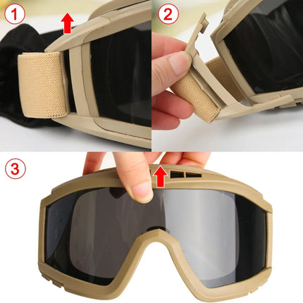 JSJM Airsoft Tactical Goggles 3 Lens Windproof Dustproof Shooting