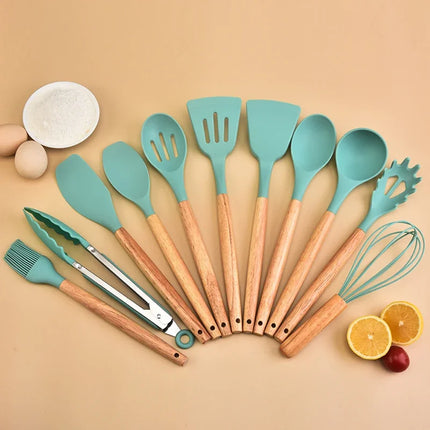 12Pcs Silicone Kitchen Utensils Cooking Wooden Handle Non Stick Pot