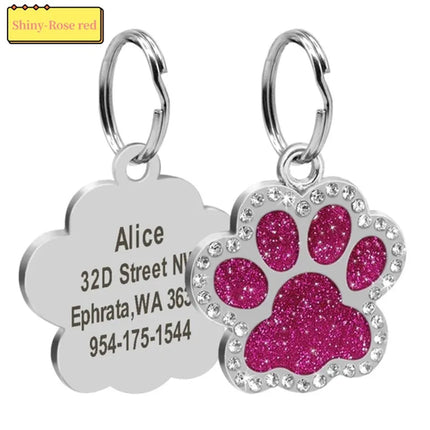 Personalized Dog Cat Tags Engraved Cat Dog Glitter Pendant Paw Print