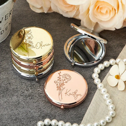 Engraved Compact Mirror with Birth Flower Design Elegant Portable