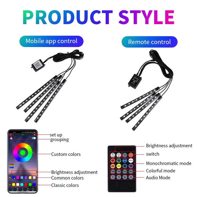 Neon LED Car Interior Ambient Foot Strip Light Kit Accessories RGB