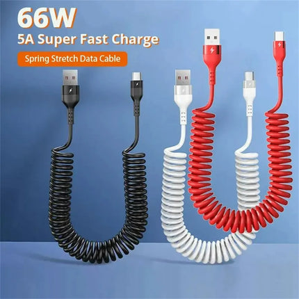 5A Fast Charging Spring Data Cable 66W Retractable USB Type C Cable