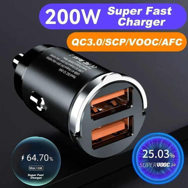 USB Car Charger 200W Fast Charging Type C Car Phone Charger Adapter