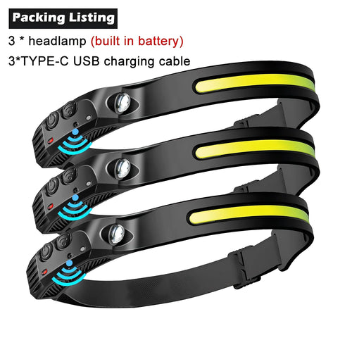 LED Sensor Headlamp Built-in Battery USB Rechargeable Head Flashlight