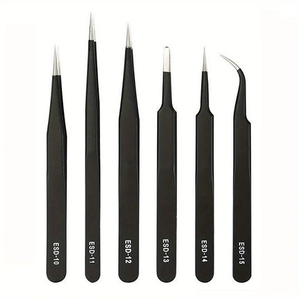 Precision ESD anti-static tweezers set -6-pc durable stainless steel
