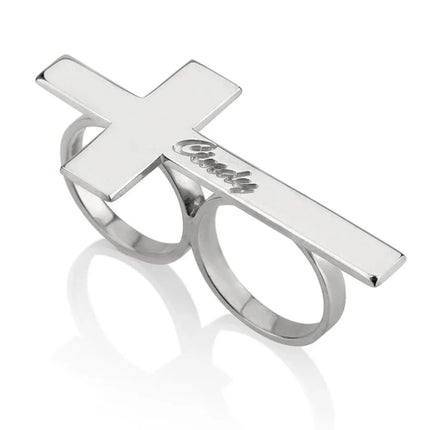 Custom Cross Ring Engraving Name Ring Men Stainless Steel Two Fingers