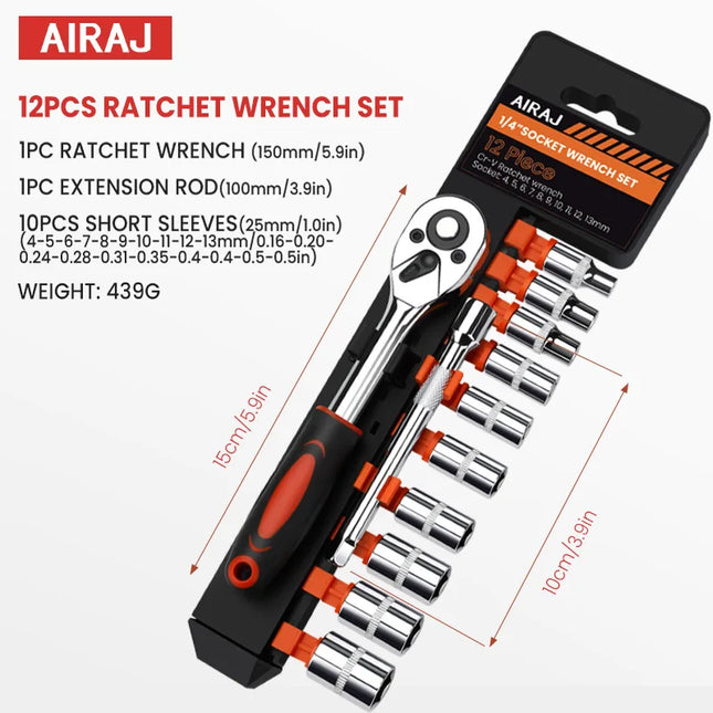 AIRAJ 12PCS Ratchet Socket Wrench Multifunctional Wrench for