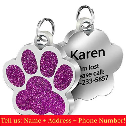 Personalized Dog Cat Tags Engraved Cat Dog Glitter Pendant Paw Print