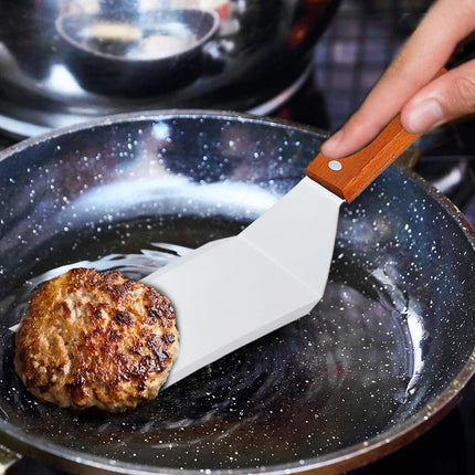 Stainless Steel Square Head Steak Cooking Spatula Wood Handle Pizza