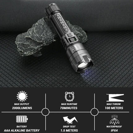 High Power 2000LM LED Flashlight Built-in Battery USB Rechargeable