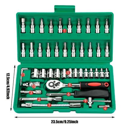 46pc Drive Socket Set 1/4 inch Ratchet Wrench Set with Sockets Metric