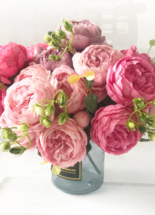 30cm Rose Pink Silk Peony Artificial Flowers Bouquet 5 Big Head And 4