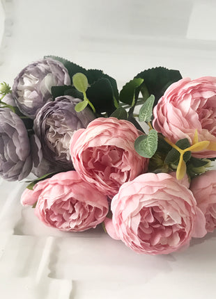 30cm Rose Pink Silk Peony Artificial Flowers Bouquet 5 Big Head And 4