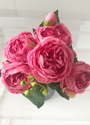 30cm Rose Pink Silk Peony Artificial Flowers Bouquet 5 Big Head And 4