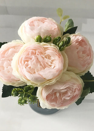 30cm Rose Pink Silk Peony Artificial Flowers Bouquet 5 Big Head And 4