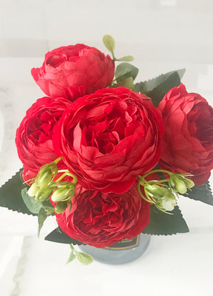 30cm Rose Pink Silk Peony Artificial Flowers Bouquet 5 Big Head And 4