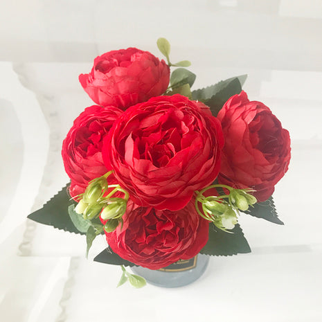 30cm Rose Pink Silk Peony Artificial Flowers Bouquet 5 Big Head And 4
