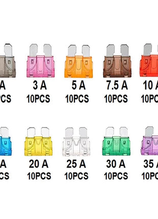 100 Pcs 10 Specifications Automotive Fuse Set 2A 3A 5A 7.5A 10A 15A