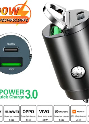 USB Car Charger 200W Fast Charging Type C Car Phone Charger Adapter