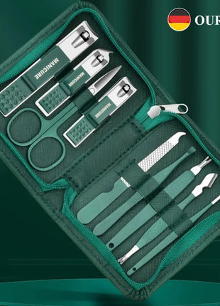 Green Manicure Set With Leather Case Professional Foot And Face Care