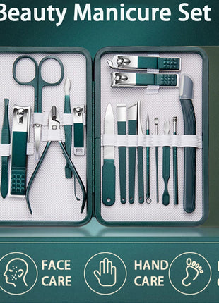 Green Manicure Set With Leather Case Professional Foot And Face Care