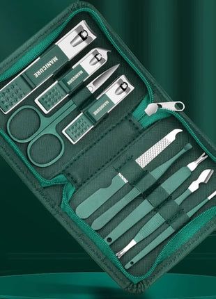 Green Manicure Set With Leather Case Professional Foot And Face Care
