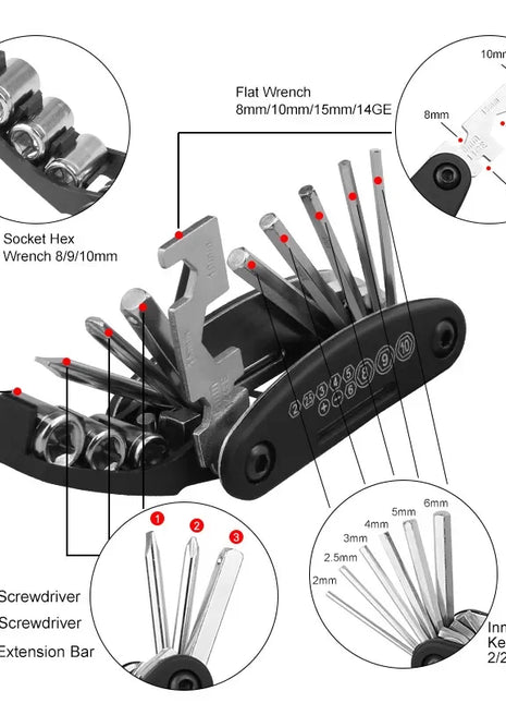 16 in 1 Multipurpose Bike Repair Tool Kits Bicycle Multi Tool