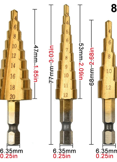 Step Drill Titanium Plated Hexagonal Shank Straight Groove