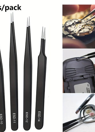 Precision ESD anti-static tweezers set -6-pc durable stainless steel