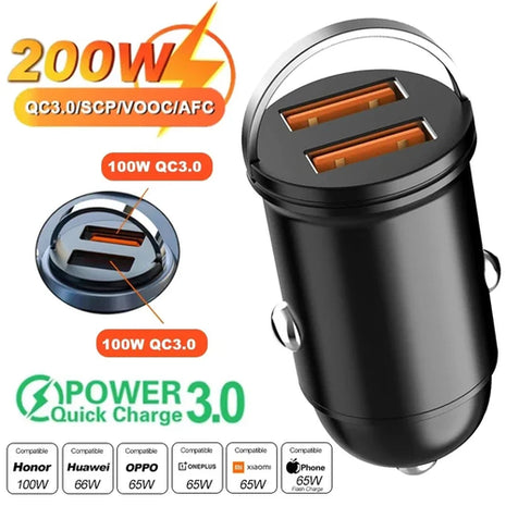 200W USB Car Charger Fast Charging Type C Car Phone Charger Adapter