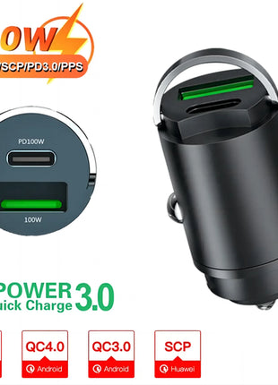 Mini Car USB/QC3.0 PD Charger 12-24V Fast Charging Car USB Type C