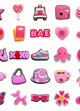 25/31/35/37pcs Pink Shoe Charms for Clogs Bubble Slides Sandals PVC