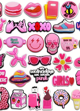 25/31/35/37pcs Pink Shoe Charms for Clogs Bubble Slides Sandals PVC