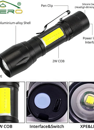 Zoom Mini USB Rechargeable Led Flashlight Portable Built Battery XP-G