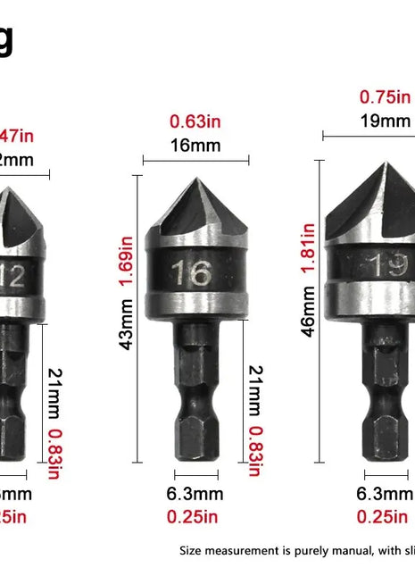 3PC Hexagonal Shank 90 Degree Black Five Blade Chamferer 12/16/19mm