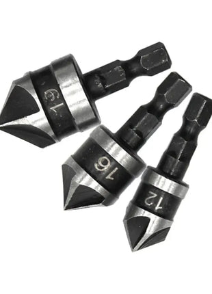 3PC Hexagonal Shank 90 Degree Black Five Blade Chamferer 12/16/19mm