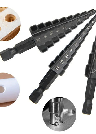 3pc Black Hexagonal Shank Straight Slot Ladder Drill Bit Reaming and