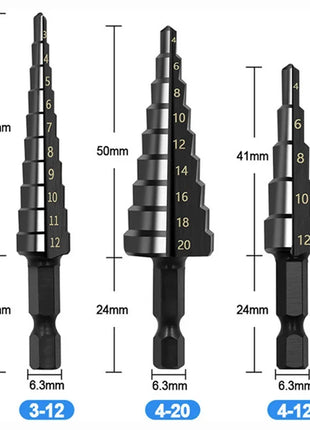 3Pcs HSS Straight Groove Step Drill Bit 3-12mm 4-12mm 4-20mm Nitride